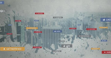 Poster - Social media notifications appearing animation over cityscape background