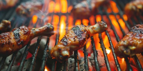 Wall Mural - Close-up of grilled chicken legs over charcoal