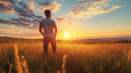 rear view of a successful male looking at the skyline horizon, confidently standing in a grassy meadow field with a beautiful sunset nature background in the summertime landscape