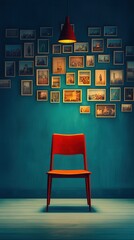 Sticker - Red Chair Under a Ceiling Light with Pictures on a Teal Wall.