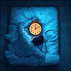 A top-down view of a person lying awake in bed at night, with a glowing clock showing 3 AM, illustrating the insomnia and restlessness that often accompany stress and anxiety