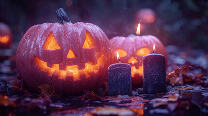 Jack-o'-lanterns glow in the dark with burning candles.