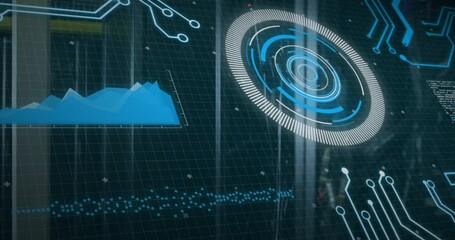 Poster - Animation of digital interface with futuristic graphics over grid background
