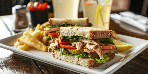 Tasty and revitalizing sandwich accompanied by lemon drink on a light-colored serving dish, featuring vegetable and chicken filling.