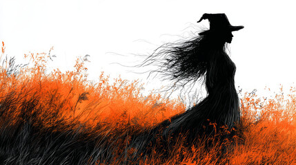 Silhouette of a witch with long hair and a pointed hat standing in a field of tall grass.