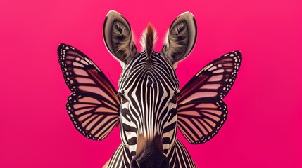 A front view of a zebra adorned with butterfly wings in place of its ears, set against a vibrant pink background. This whimsical and surreal image blends the natural beauty of both creatures.