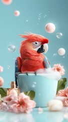 A parrot in a whimsical bath with playful bubbles and luxurious accessories, set in a cheerful, colorful environment.