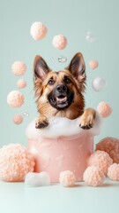 Wall Mural - A German Shepherd in a whimsical bath with playful bubbles and luxury accessories, in a bright and cheerful environment.