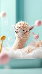 Wall Mural - An alpaca enjoying a whimsical bath with colorful bubbles and playful toys in a luxurious bathroom.