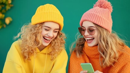 Poster - Two friends sitting on a bench, laughing and looking at a smartphone displaying a text message.