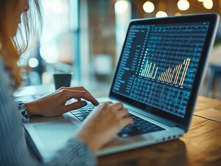 Poster - Woman working on laptop with spreadsheet and graphs on screen.
