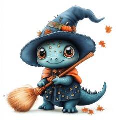 A baby dino dressed as a witch, Halloween theme, cute hat and broom, isolated on white background