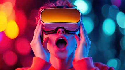 Poster - A person holding a virtual reality headset, experiencing a thrilling and interactive virtual world.