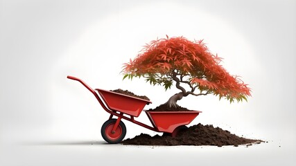 Graphic design of a red Japanese maple bonsai growing in dirt inside a wheelbarrow on a white background