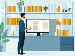Aufkleber - A businessman stands in an office, looking at a computer monitor, holding a document in his hand. He is in front of a desk with a large monitor and shelves of files behind him.