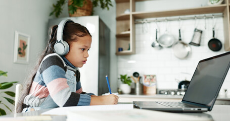 Poster - Child, laptop and writing for e learning in online academy in homeschooling with reading for lesson. Girl, student and education in elementary with technology for development, growth and scholarship