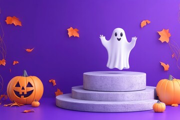 Happy halloween 3d cartoon a ghost and jack o lantern with stone podium. 3d rendering illustration for banner or posters violet background with generative ai