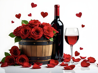 Valentine's Day Wine Barrel Wine Bottle Red Roses Red Wine Glass Red Hearts Rose Petals 3D Graphic Design On A White Background