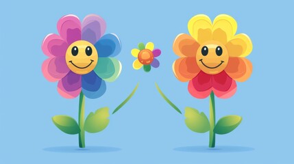 Two happy cartoon flowers with smiling faces and vibrant petals stand next to a small bud against a light blue background. This charming and lively illustration is ideal for playful designs and