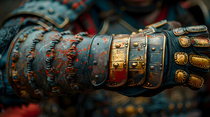 Close-up of a Warrior's Arm with Worn Leather Armor