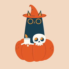 Cute Halloween vector illustration with black cat in witch hat sitting on pumpkin with skull and candle. Happy Halloween concept. Funny, quirky clipart with character for sticker, invitation, banner.