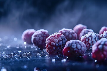 Wall Mural - Frozen blackberries and red currants on a dark background