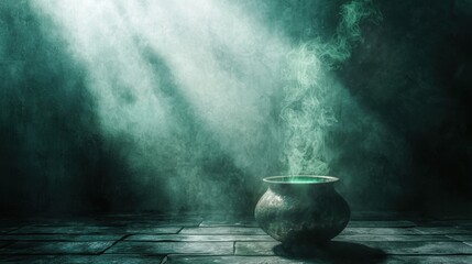 Wall Mural - Green Potion in a Cauldron with Smoke and Light.