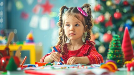 A little girl with pink hair and a red shirt draws on paper. Christmas decorations in the background.