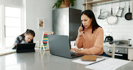 Poster - Frustrated mom, laptop and phone call with child for finance, expenses or mortgage bills in kitchen at home. Mother, kid or little girl working on technology for math or financial discussion at house