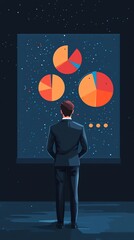 Fototapete - Businessman stands in front of a presentation screen with pie charts, looking at the data.