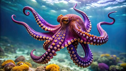 Purple octopus with gold spots on its head swimming in the ocean, octopus, sea creature, marine life, underwater, tentacles, purple