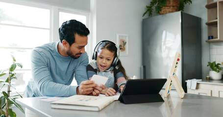 Aufkleber - Tablet, education and dad with child in home for online learning, school project or math lesson. Family, digital tech and father help girl with homework for research, teaching and abacus for counting