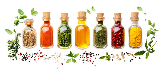 Spice Up Your Life: A vibrant collection of spices in glass bottles, nestled amongst fresh herbs and scattered peppercorns, evoke a symphony of flavors and aromas. The clear, clean composition is idea