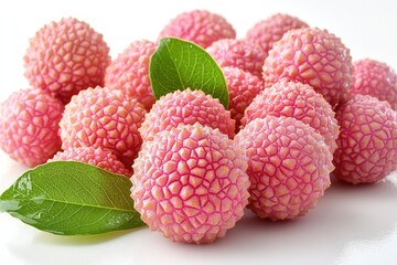 Sticker - A cluster of pink, spiky fruits with green leaves on a white surface.