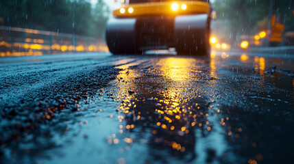 large road roller compacts fresh asphalt on a new roadway under construction, symbolizing progress, development, and the foundation of future infrastructure in urban or rural environments