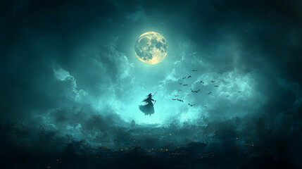 Silhouette of a witch flying on a broomstick with bats and a full moon in the sky.