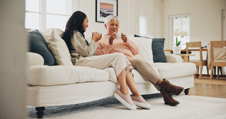 Sticker - Senior mother, daughter and conversation with drinking tea for gossip, bonding and together. Female people, connection and talking for affection, solidarity and support in living room or family home