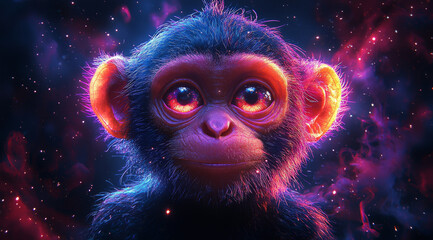 Canvas Print - Cute monkey with glowing eyes in space.