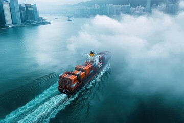 Aerial view of a cargo ship sailing the Hong Kong bay with low clouds, China , ai