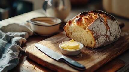 Poster - Freshly baked bread on a wooden board with butter and a knife, inviting a cozy meal.