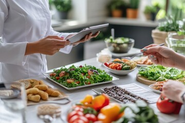 A nutritionist reviewing a meal plan with a client, with healthy food options like salads, grains, and lean proteins on display, highlighting balanced nutrition