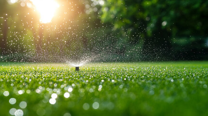 sprinkler waters vibrant green grass under the warm sunlight. The scene symbolizes growth, renewal, and the nurturing power of water for life and nature, reflecting harmony and sustainability