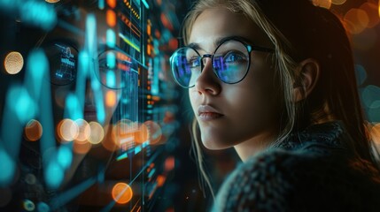 Wall Mural - Young female IT specialist in stylish glasses analyzes futuristic digital interface with colorful, dynamic graphics.