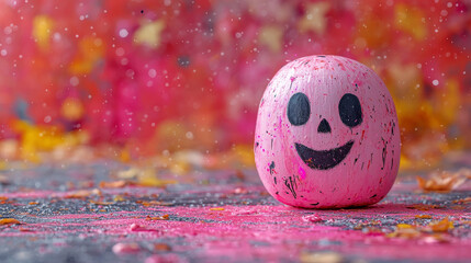 Wall Mural - A pink pumpkin with a painted-on jack-o-lantern face