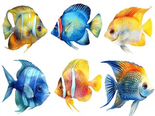 Wall Mural - Six colorful angelfish swimming on white background