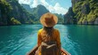 © kardaska - Tourist exploring tropical lagoon by boat in raja ampat, indonesia