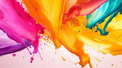 Wall Mural - Vibrant abstract paint splash art with vivid colors of pink, yellow, blue, and orange, creating a dynamic and energetic visual effect.