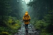 © kardaska - Hiker wearing yellow backpack walking on trail in forest