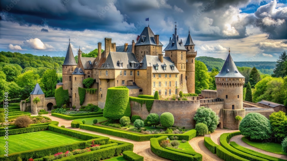 Castle surrounded by lush greenery, with turrets and walls creating a ...