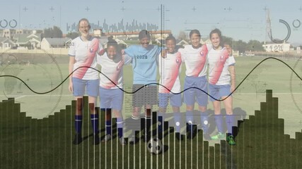 Poster - Soccer team posing on field with data visualization animation over image